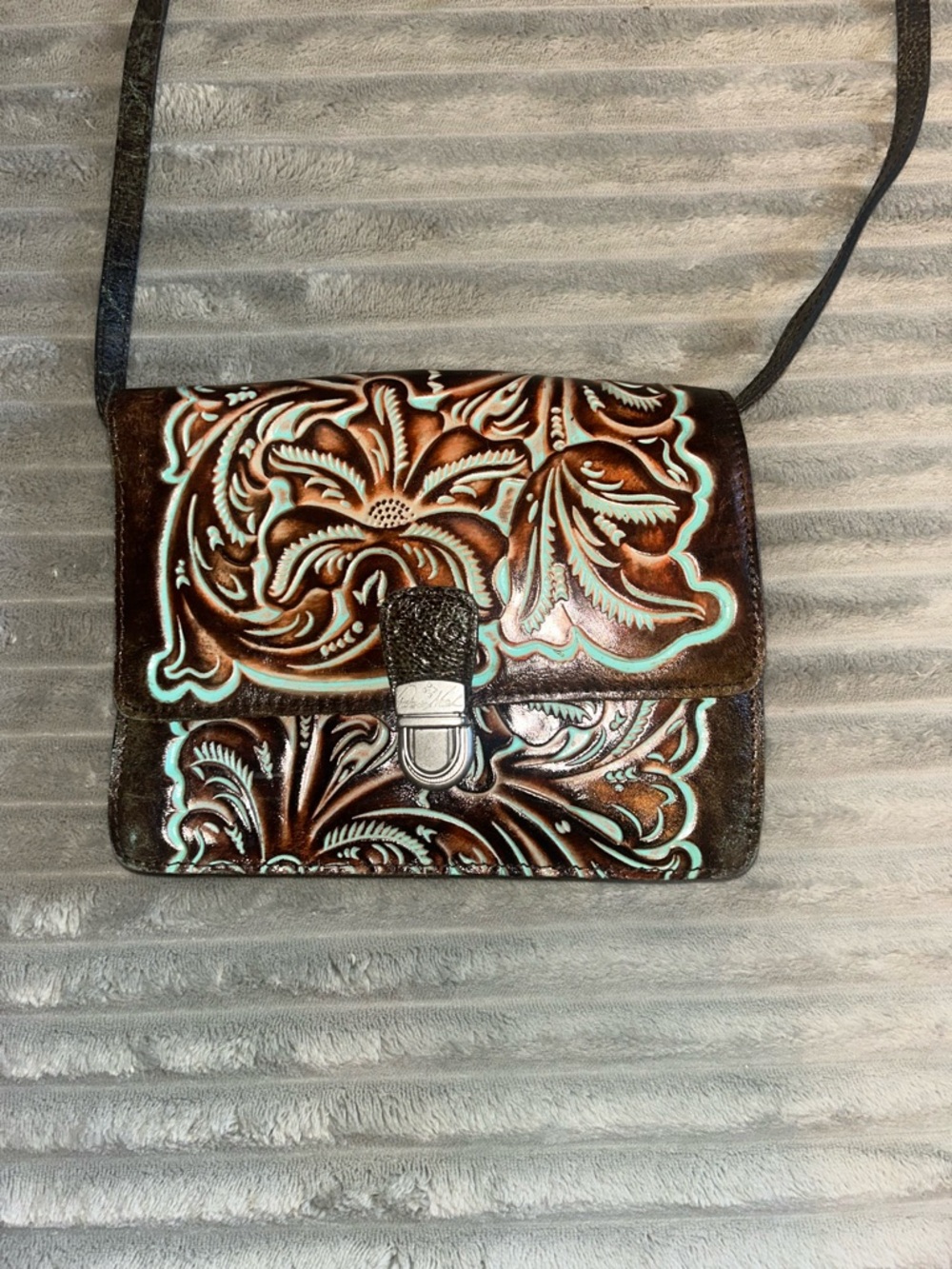 Patricia Nash Brown Turquoise Tooled Leather Crossbody Bag